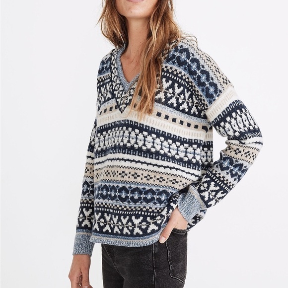 MADEWELL Forrest Fair Isle Wool V-Neck Sweater Blue Tan Cream Sz XS - Picture 2 of 14